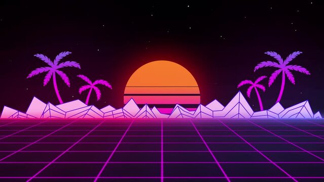 4K futuristic synthwave 80s style retro background video. Sci-fi seamless looping animation with two grid, palm tree, mountain and the sunset.