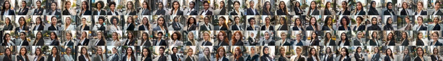 composite portrait of mug shots of different serious young businesswomen headshots, including all ethnic, racial, and geographic types of women in the world outside a city street - obrazy, fototapety, plakaty