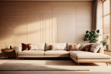 Interior home design of modern living room with beige sofa and wooden wall