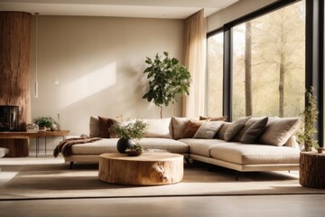 Interior home design of modern living room with beige sofa and round tree stump coffee table with forest view window