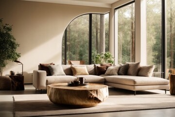 Interior home design of modern living room with beige sofa and round tree stump coffee table with forest view window