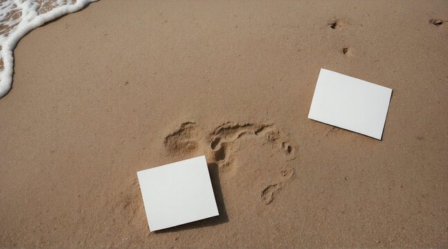 Empty Polaroid pictures in the sand of a beach in the summer. Generative AI.