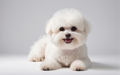 Obraz premium Perro de raza Maltés bichon, echado, mirando al frente, sobre fondo blanco