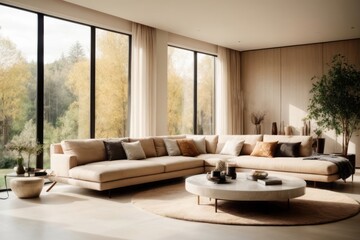Interior home design of modern living room with cream colored sofa with forest view house window