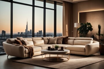 Interior home design of modern living room with beige sofa, round tables, and stunning views of the city at night