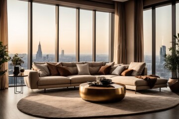 Interior home design of modern living room with beige sofa, round tables, and stunning views of the city at night