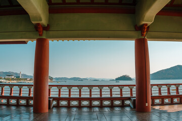 Jinhaeru Korean traditional pavilion and beach park view in Changwon, Korea