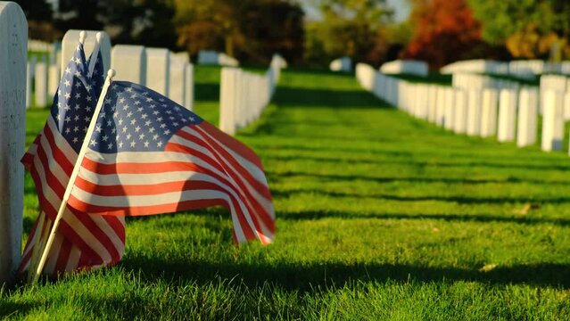 Field of American flags at Sunset. Flags on grave stones for memorial day remembrance at a cemetery. Small American flags and headstones at National cemetary- Memorial Day display.