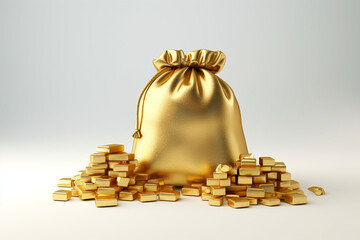 Gold in a beige bag on a white background. Gold bars. The concept of money savings and investments. Investments, storage of funds. Currency, cash and gold