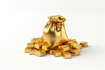 Gold in a beige bag on a white background. Gold bars. The concept of money savings and investments. Investments, storage of funds. Currency, cash and gold