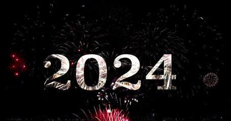 Happy new year 2024 background with firework illumination in midnight sky, festive fireworks sparklers video - Powered by Adobe