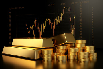 Growth gold bar financial investment stock diagram on 3d profit graph background of global economy trade price business market concept or capital marketing golden banking chart exchange invest value