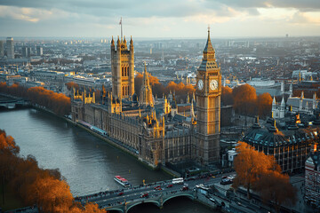 London UK skyline aerial view of Big Ben clock on a beautiful clear day at sunset