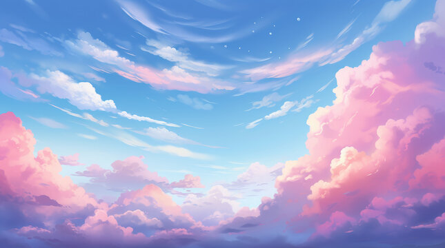 Pastel color of sky background with bird. Illustration graphic design. Generative ai. Anime cartoon style	
