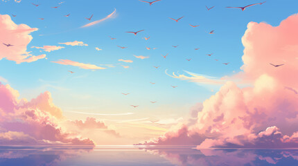 Pastel color of sky background with bird. Illustration graphic design. Generative ai. Anime cartoon...