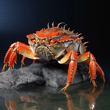 Crab on a rock in the water on a black background