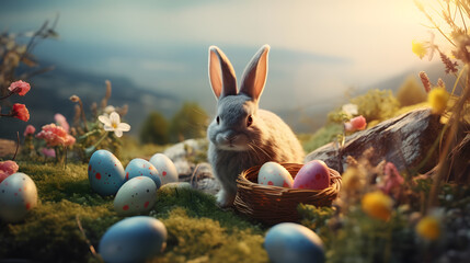 Fototapeta na wymiar Landscape photography, Happy easter day, Rabbits in a garden with eggs and natural light.