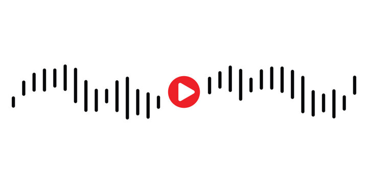 Sound wave icon, podcast player interface, music symbol, sound wave, loading progress bar and buttons.