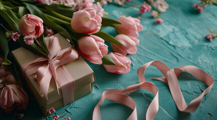 gift boxes with pink tulips and ribbons on turquoise background