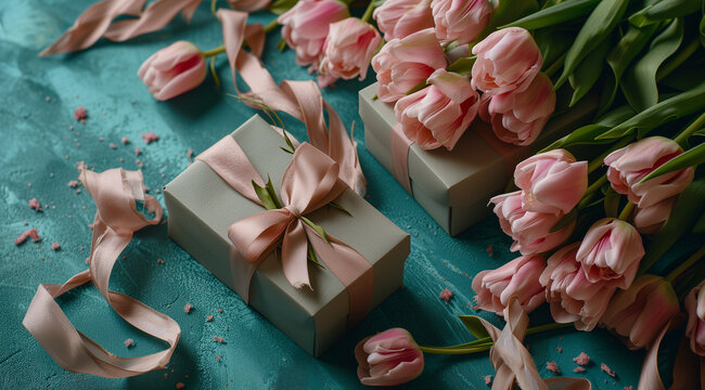 gift boxes with pink tulips and ribbons on turquoise background