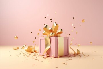 3D box, gold ribbon, pastel background. Present for cosmetic product. Realistic gift with confetti. Copy space banner. Generative AI