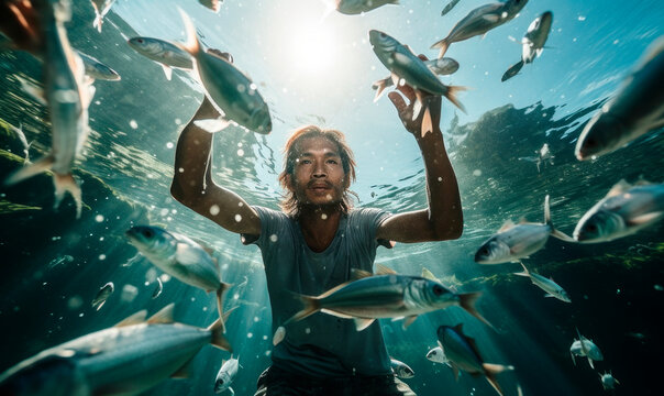 Underwater scene of Filipino fisherman immerse in clear waters surrounded by a school of fish