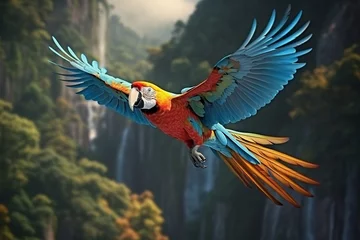 Fotobehang The King of parrots bird Blue gold macaw vivid rainbow colorful animal birds on flying away © protix