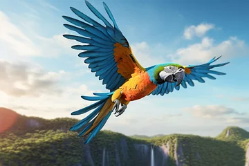 Foto op Plexiglas The King of parrots bird Blue gold macaw vivid rainbow colorful animal birds on flying away © protix