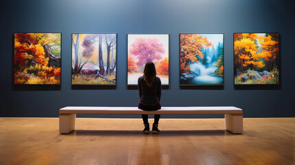 A Woman Seated on a Bench in an Art Gallery Looking at Paintings - obrazy, fototapety, plakaty