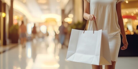 Side view of woman walking and holding big white shopping bag in the shopping center - obrazy, fototapety, plakaty