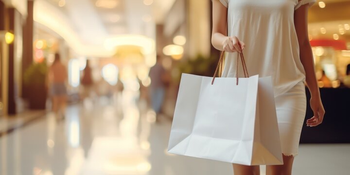 Side View Of Woman Walking And Holding Big White Shopping Bag In The Shopping Center