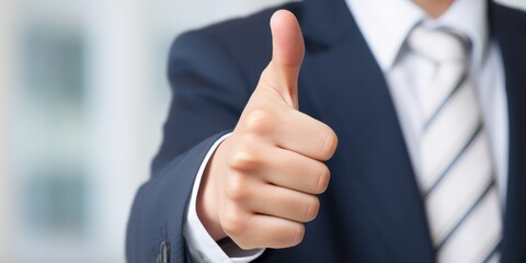 businessman showing thumbs up, hand closeup, white suit shirt background, clear details, high quality