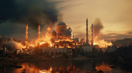 Airstrike on the city, in the condition of city damage after the war, burning golden mosque, buildings collapsed and vehicles burned. - obrazy, fototapety, plakaty