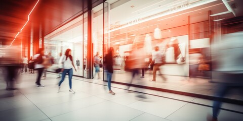 Blurred background of a modern shopping mall with some shoppers. Shoppers walking at shopping center, motion blur. Abstract motion blurred shoppers with shopping bags copy space 