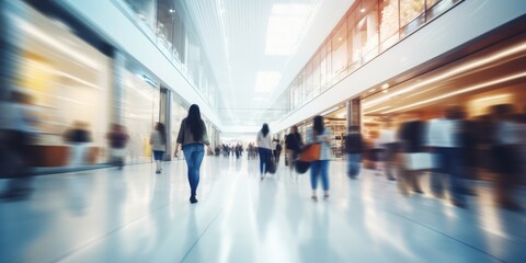 Background with a blur of a contemporary shopping mall featuring a few consumers. Shoppers strolling through the mall, evident motion blur. Abstractly blurred shoppers carrying shopping bag.