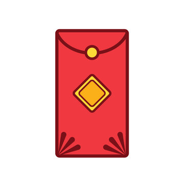 Angpao, angpow, ampao, or chinese lunar red envelope packet colored vector icon illustration with outline isolated on plain white background. Lunar chinese new year themed drawing.