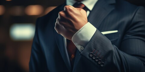 Close-up of a model's clenched fist, adorned with a sharp cufflink, pumping in triumph after a stock market surge, clothed in a luxurious tailored suit, 