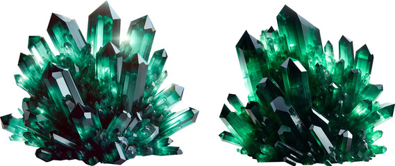 Set of two green Emerald crystals on transparent background