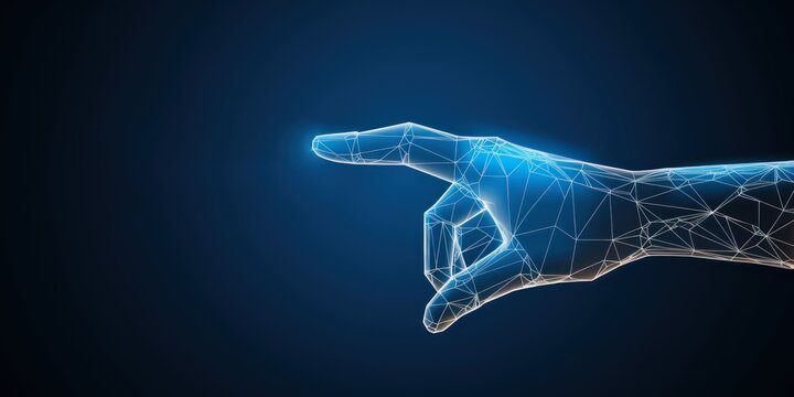 Abstract Digital Human Hand Touching on Glowing Dot. Low Poly Vector Illustration on Dark Blue Technological Background. Light Wireframe Connection Structure. Futuristic Technology Concept.
