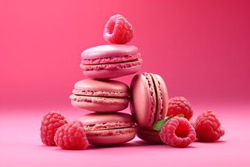 Tasty sweet macaroons and raspberries on pink background
