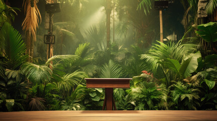 Wooden stage room and podium into a lush jungle setting for a press conference.