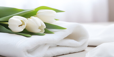 Fototapeta na wymiar Spa composition with lily flowers and towels on a white background,Tranquil Spa Scene: Lily Flowers and Towels on White 