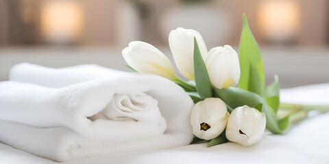Fototapeta na wymiar White towels with white lily flowers on bed in hotel room,Elegant Hospitality: White Lily Flowers on Hotel Bed