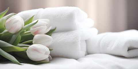 Obraz na płótnie Canvas White beautiful tulips on fresh towels on bed,Springtime Serenity: Beautiful Tulips on a Bed of Fresh Towels