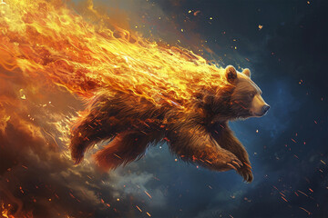 illustration of a flying super bear with fire powers - obrazy, fototapety, plakaty