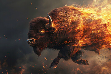 illustration of a flying super buffalo with fire powers - obrazy, fototapety, plakaty
