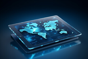 Tablet with projection map on the blue background