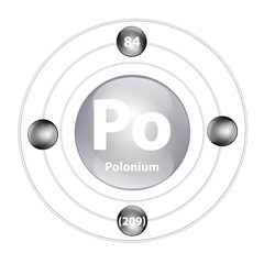  Polonium (Po) Icon structure chemical element round shape circle grey, black with surround ring. Period number shows of energy levels of electron. Study science education. 3D Illustration vector
