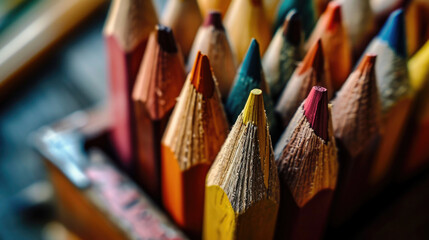 An image of sharpened colored pencils in a box.  - obrazy, fototapety, plakaty