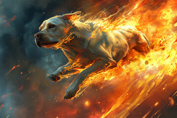 illustration of a flying super dog with fire powers - obrazy, fototapety, plakaty